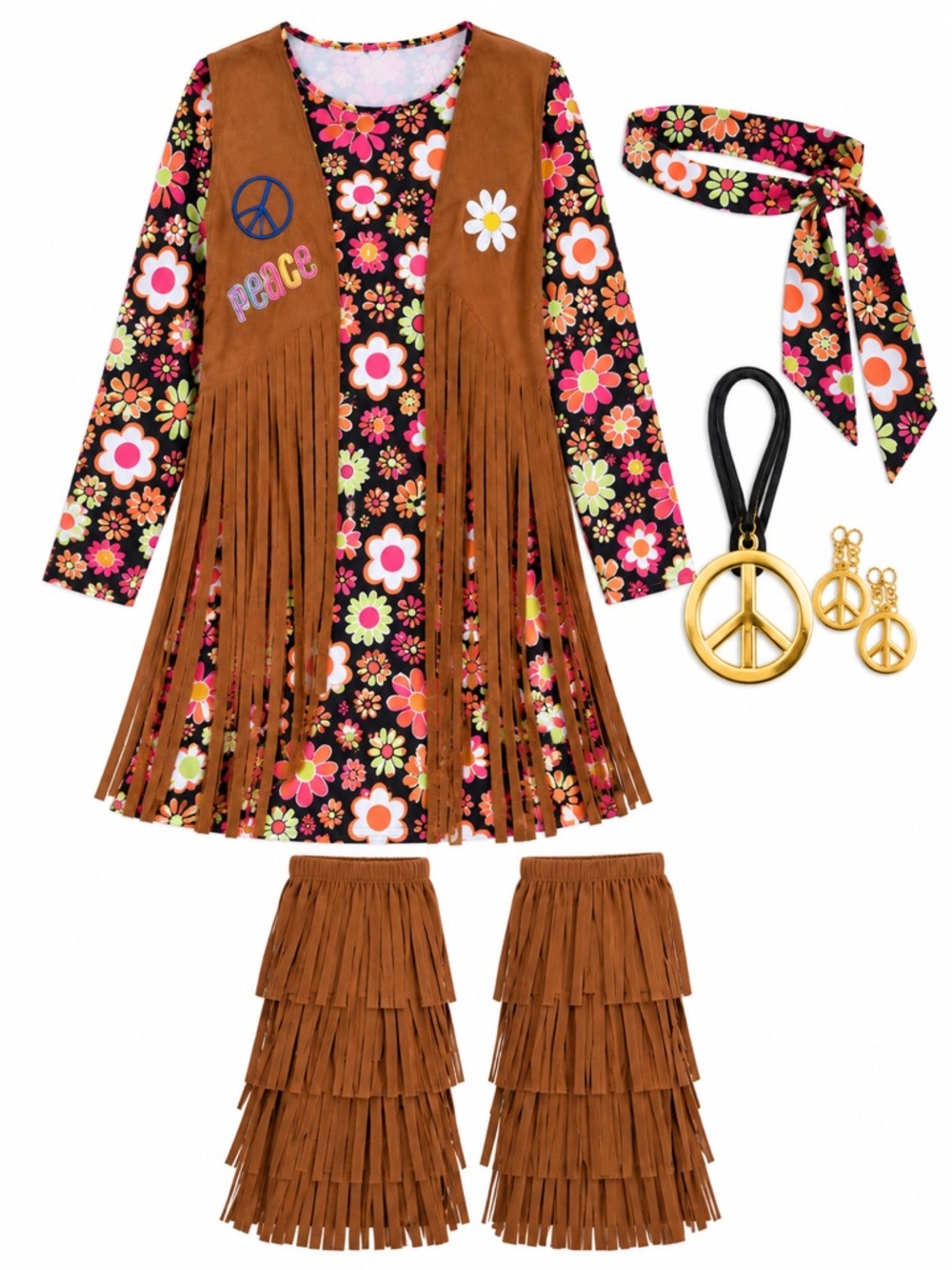 New - 70s Hippie Costume Floral Fringe Vest Dress | Size Women’s XL